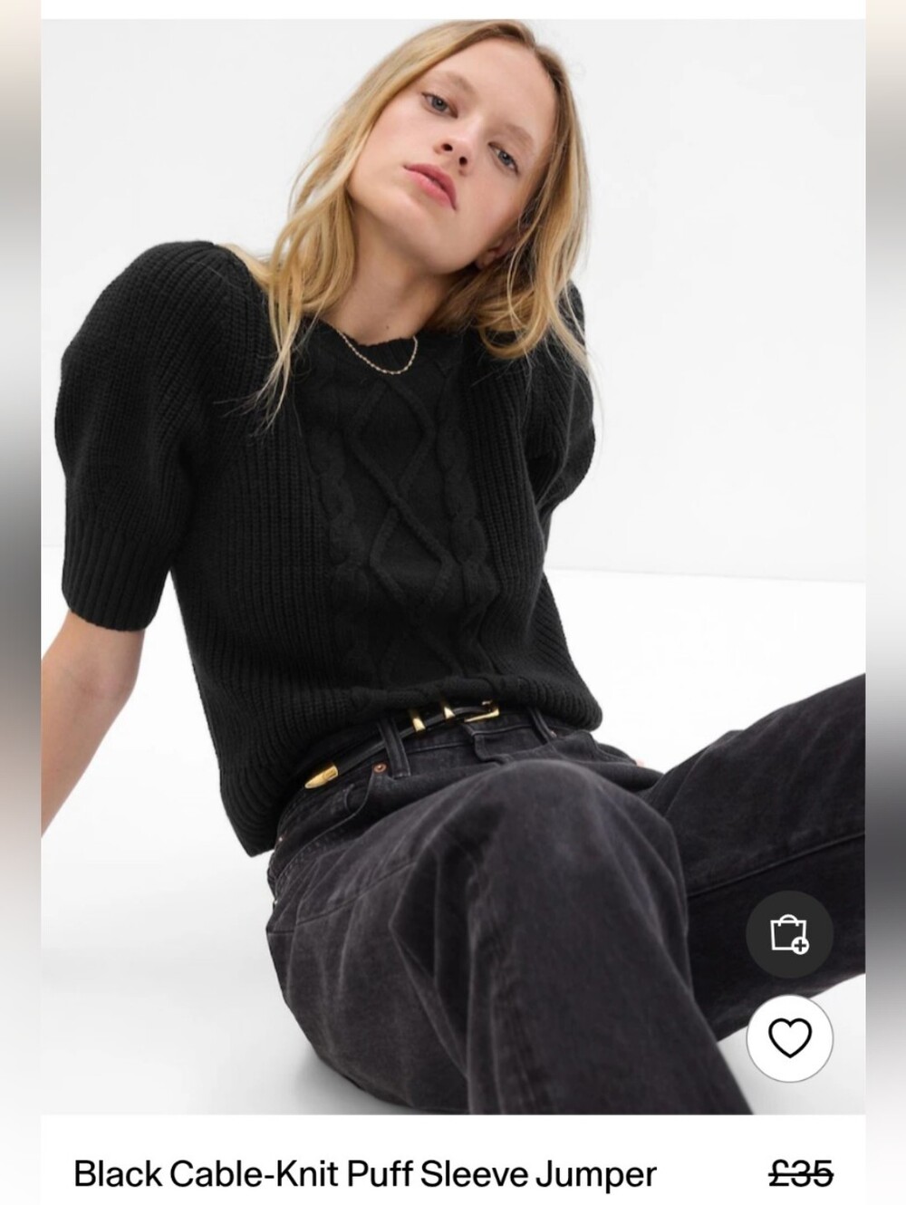 GAP Black Cable Knit Sweater Puff Sleeve Top Minimalist Cottagecore Academia S/M